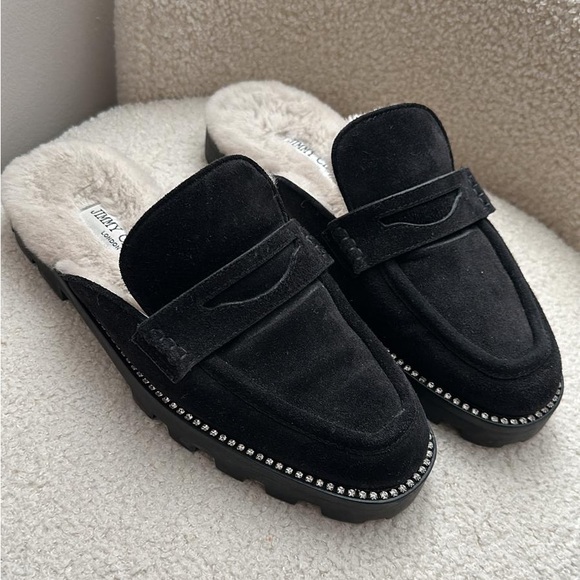 Jimmy Choo Ronnie Mules Slippers Loafers Black Shearling Suede Rhinestone Mules - Picture 5 of 5